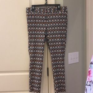 Printed skinny ankle pant. Navy, Rust, and Creme